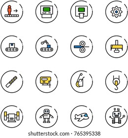 line vector icon set - travolator vector, atm, gear, conveyor, steel rolling, milling cutter, drill, jig saw, winch, sharpening, robot, plane toy