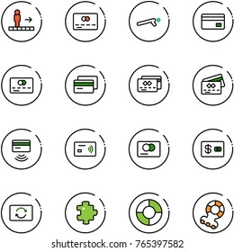 line vector icon set - travolator vector, credit card, push ups, tap pay, exchange, puzzle, circle chart, teethers