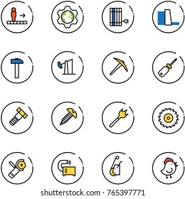 line vector icon set - travolator vector, gear globe, sun panel, water power plant, hammer, oil derrick, axe, screwdriver, bolt, screw, wood drill, saw disk, Angular grinder, machine tool, winch