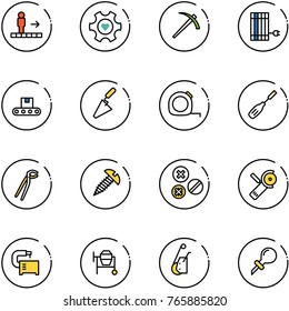line vector icon set - travolator vector, heart gear, job, sun panel, conveyor, trowel, measuring tape, chisel, plumber, screw, rivet, Angular grinder, machine tool, cocncrete mixer, winch, oiler