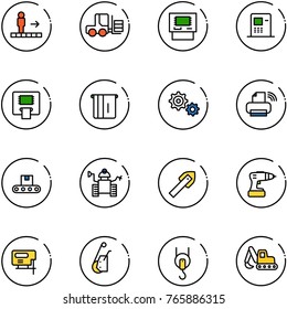 line vector icon set - travolator vector, fork loader, atm, gear, printer wireless, conveyor, robot, tile drill, jig saw, winch, excavator toy