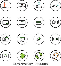 line vector icon set - travolator vector, credit card, hospital bed, push ups, tap pay, exchange, puzzle, circle chart, teethers