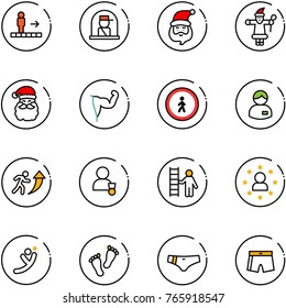 line vector icon set - travolator vector, officer window, santa claus, power hand, no pedestrian road sign, manager, career, winner, opportunity, star man, flying, feet, swimsuit