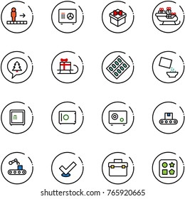 line vector icon set - travolator vector, safe, gift, santa sleigh, merry christmas message, pills blister, cereal, conveyor, check, tool box, cube hole toy