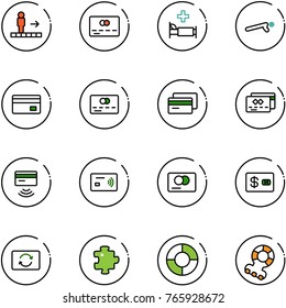 line vector icon set - travolator vector, credit card, hospital bed, push ups, tap pay, exchange, puzzle, circle chart, teethers