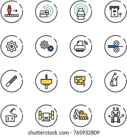 line vector icon set - travolator vector, mri, atm, gear, printer wireless, steel rolling, drill, crown, jig saw, winch, welding, sharpening, excavator toy, robot