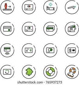 line vector icon set - travolator vector, credit card, hospital bed, push ups, tap pay, exchange, puzzle, circle chart, teethers