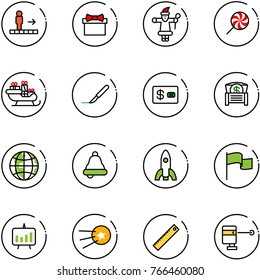 line vector icon set - travolator vector, gift, santa claus, lollipop, sleigh, scalpel, credit card, money chest, globe, bell, rocket, flag, presentation chart, first satellite, ruler, laser lever