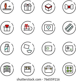 line vector icon set - travolator vector, gift, bow, sleigh, first aid kit, pills blister, milk, cereal, safe, money chest, tool box, cube hole toy
