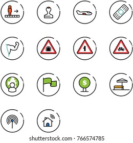 line vector icon set - travolator vector, stamp, small plane, medical patch, power hand, tunnel road sign, intersection, for moto, man globe, flag, money tree, inflatable pool, antenna