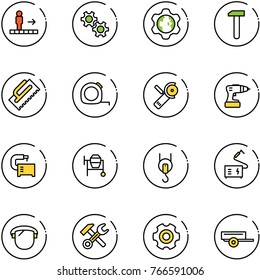 line vector icon set - travolator vector, gear, globe, work, trowel, measuring tape, Angular grinder, drill, machine tool, cocncrete mixer, winch, welding, protect glass, wrench hammer, trailer