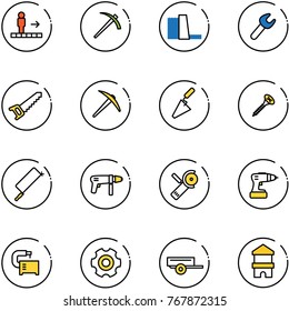 line vector icon set - travolator vector, job, water power plant, wrench, saw, axe, trowel, screw, metal hacksaw, drill machine, Angular grinder, tool, gear, trailer, toy block house