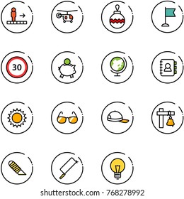 line vector icon set - travolator vector, helicopter, christmas ball, flag, speed limit 30 road sign, piggy bank, globe, contact book, sun, sunglasses, cap, ship bell, work knife, metal hacksaw