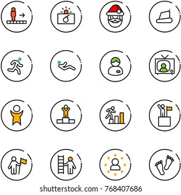 line vector icon set - travolator vector, terrorism, santa claus, treadmill, run, abdominal muscles, manager, tv news, success, winner, career, win, opportunity, star man, feet