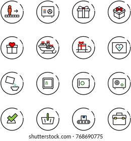 line vector icon set - travolator vector, safe, gift, santa sleigh, first aid kit, cereal, check, basket, conveyor, tool box