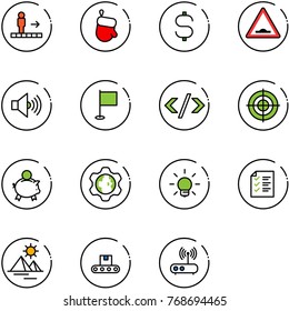 line vector icon set - travolator vector, christmas glove, dollar sign, artificial unevenness road, volume max, flag, tag code, target, piggy bank, gear globe, bulb, list, pyramid, conveyor