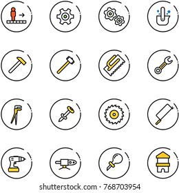 line vector icon set - travolator vector, gear, gears, casting of steel, hammer, sledgehammer, trowel, wrench, plumber, nail dowel, saw disk, metal hacksaw, drill, pipe welding, oiler