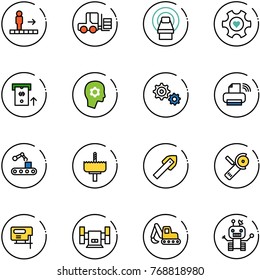 line vector icon set - travolator vector, fork loader, mri, heart gear, atm, brain work, printer wireless, conveyor, crown drill, tile, Angular grinder, jig saw, sharpening, excavator toy, robot