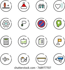 line vector icon set - travolator vector, christmas hat, vial, heart beat, gear, ruble, no parking road sign, head bulb, calculator, presentation chart, list, flag, plane, bucket scoop, basin
