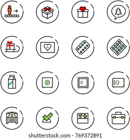 line vector icon set - travolator vector, gift, merry christmas message, sleigh, first aid kit, pills blister, milk, safe, money chest, check, tool box