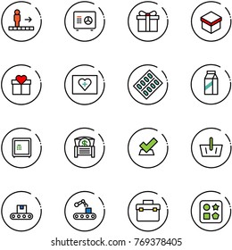 line vector icon set - travolator vector, safe, gift, first aid kit, pills blister, milk, money chest, check, basket, conveyor, tool box, cube hole toy