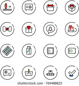 line vector icon set - travolator vector, safe, gift, bow, merry christmas message, sleigh, pills blister, milk, basket, conveyor, check