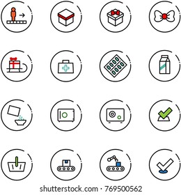 line vector icon set - travolator vector, gift, bow, sleigh, doctor bag, pills blister, milk, cereal, safe, check, basket, conveyor