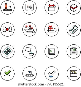 line vector icon set - travolator vector, safe, gift, bow, santa sleigh, pills blister, cereal, money chest, check, conveyor, tool box