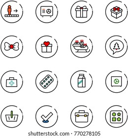 line vector icon set - travolator vector, safe, gift, bow, santa sleigh, merry christmas message, doctor bag, pills blister, milk, basket, check, tool box, cube hole toy