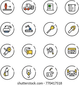 line vector icon set - travolator vector, fork loader, atm, printer wireless, conveyor, wood drill, tile, Angular grinder, machine tool, cocncrete mixer, generator, winch, welding, sharpening