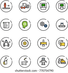 line vector icon set - travolator vector, fork loader, atm, brain work, gear, conveyor, robot, saw disk, milling cutter, machine tool, winch, welding, excavator toy