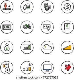 line vector icon set - travolator vector, coin, dollar exchange, cash, annual report, money bag, statistics, cloud, stairs, rich, chart, monitor, puzzle