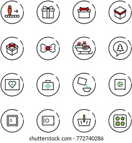 line vector icon set - travolator vector, gift, bow, santa sleigh, merry christmas message, first aid kit, doctor bag, cereal, safe, basket, cube hole toy