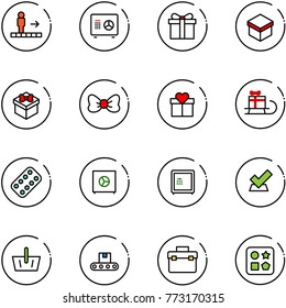 line vector icon set - travolator vector, safe, gift, bow, sleigh, pills blister, check, basket, conveyor, tool box, cube hole toy