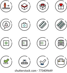 line vector icon set - travolator vector, gift, merry christmas message, doctor bag, pills blister, safe, money chest, check, conveyor, tool box