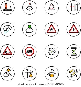 line vector icon set - travolator vector, christmas tree, ski, brain, piggy bank, slippery road sign, intersection, gravel, no truck, gear, sand clock, pyramid, ship bell, dolphin, wrench hammer