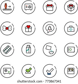 line vector icon set - travolator vector, safe, gift, bow, merry christmas message, doctor bag, pills blister, milk, cereal, check, tool box