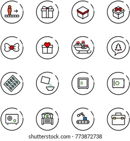 line vector icon set - travolator vector, gift, bow, santa sleigh, merry christmas message, pills blister, cereal, safe, money chest, conveyor, tool box