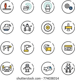 line vector icon set - travolator vector, mri, gear, printer wireless, robot, saw disk, milling cutter, drill machine, tool, generator, sharpening, plane toy