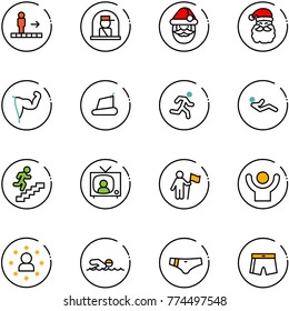 line vector icon set - travolator vector, officer window, santa claus, power hand, treadmill, run, abdominal muscles, career, tv news, win, success, star man, swimming, swimsuit