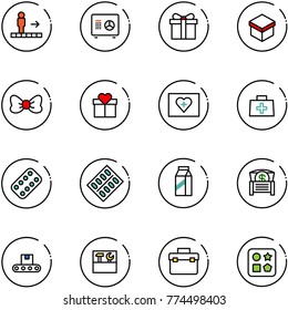 line vector icon set - travolator vector, safe, gift, bow, first aid kit, doctor bag, pills blister, milk, money chest, conveyor, tool box, cube hole toy