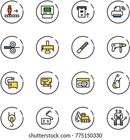 line vector icon set - travolator vector, atm, printer wireless, steel rolling, milling cutter, drill, machine, tool, jig saw, generator, winch, welding, excavator toy, robot