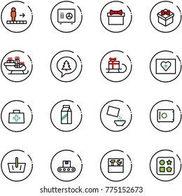 line vector icon set - travolator vector, safe, gift, santa sleigh, merry christmas message, first aid kit, doctor bag, milk, cereal, basket, conveyor, tool box, cube hole toy
