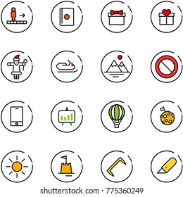 line vector icon set - travolator vector, passport, gift, santa claus, snowmobile, mountains, prohibition road sign, phone, presentation chart, air balloon, moon flag, sun, sand castle, staple