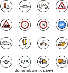 line vector icon set - travolator vector, plane, encashment car, multi lane traffic road sign, climb, speed limit 10, 40, bus, limousine, air balloon, gyroscope, cruiser, jack, toy, excavator, truck