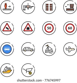 line vector icon set - travolator vector, boarding passengers, plane seats, airport building, multi lane traffic road sign, tunnel, speed limit 50, 60, bus, limousine, sail boat, cruiser