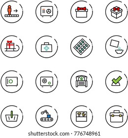 line vector icon set - travolator vector, safe, gift, sleigh, doctor bag, pills blister, cereal, money chest, check, basket, conveyor, tool box