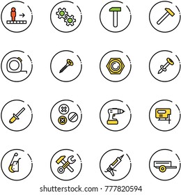 line vector icon set - travolator vector, gear, work, hammer, measuring tape, screw, nut, nail dowel, clinch, rivet, drill, jig saw, winch, wrench, gun sealant, trailer