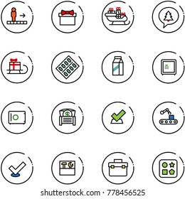 line vector icon set - travolator vector, gift, santa sleigh, merry christmas message, pills blister, milk, safe, money chest, check, conveyor, tool box, cube hole toy