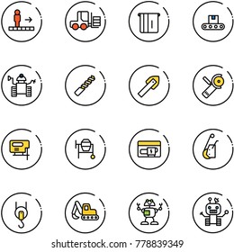 line vector icon set - travolator vector, fork loader, atm, conveyor, robot, drill, tile, Angular grinder, jig saw, cocncrete mixer, generator, winch, excavator toy